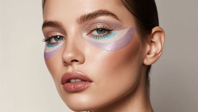 Closeup model wearing lavender glitter crescent eye art with turquoise liner and dewy lips