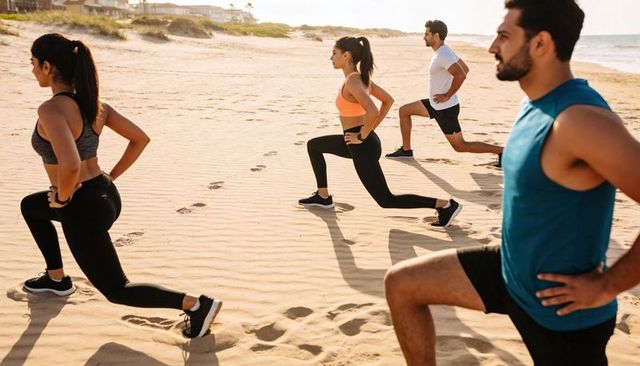 Group beach fitness bootcamp performing lunges on sandy shoreline at sunrise
