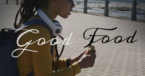 Woman Eating Snack on Promenade with Focus on Healthy Lifestyle