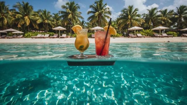 Tropical cocktails floating poolside under palm trees