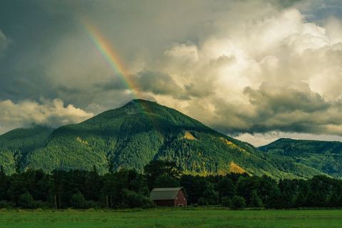 Vibrant Rainbow Arching Over Lush Green Hills