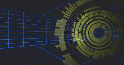 Lime HUD Rotating over Blue Grid Tech Interface with Concentric Dashboard and Neon Gear