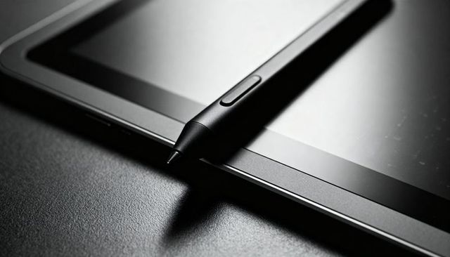 Matte black stylus resting diagonally on glossy tablet screen with smudges, minimalist tech