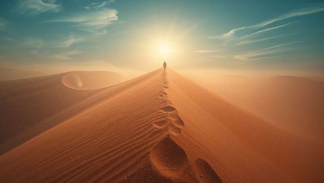 Solitary Traveler on Vast Sandy Ridge with Sunrise Illumination