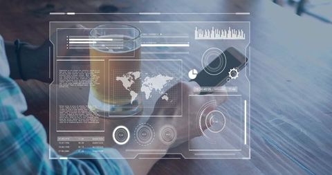 Man using augmented reality maps and live data overlays on smartphone at cafe table