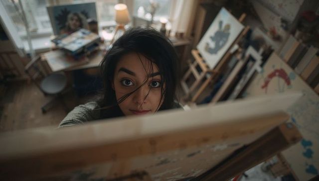 Young female artist painting at easel in cozy home studio, focused creative process