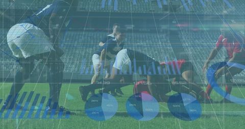 Rugby players overlaid with digital data analysis visualization