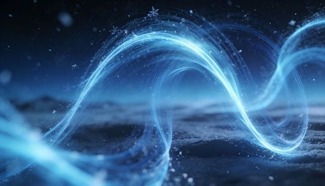 Glowing Blue Energy Ribbon Arcing Over Frosted Landscape with Particle Trails