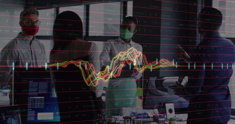 Masked Business Team Collaborating with Financial Data Overlay - Download Free Stock Images Pikwizard.com