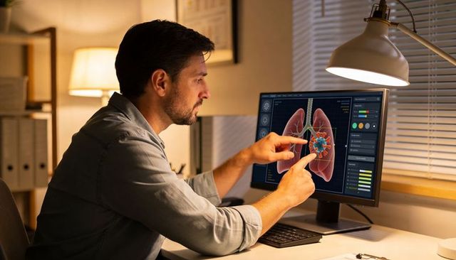 Clinician analyzing lung scan with virus visualization on monitor for diagnostics