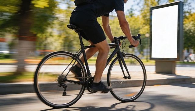 Fast urban cyclist pedaling past blank advertising kiosk on tree-lined city street daytime