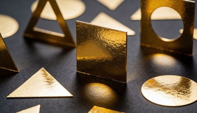 Golden geometric shapes reflecting light closeup macro luxury metallic abstract texture