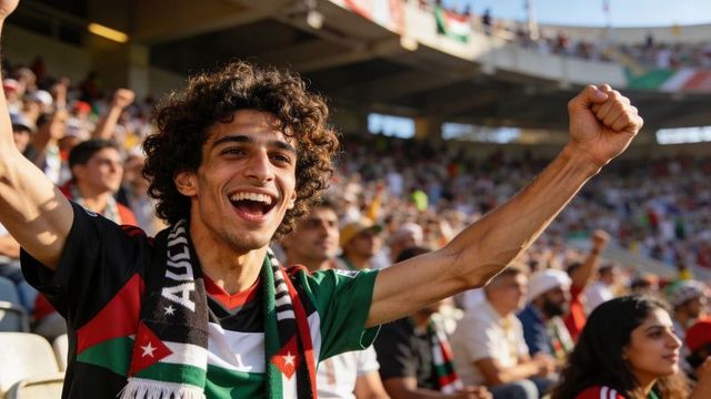 Young soccer fan celebrating victory raising arms wearing team jersey and supporter scarf