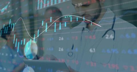 Physician Reviewing Healthcare Analytics and Financial Charts on Tablet Double Exposure