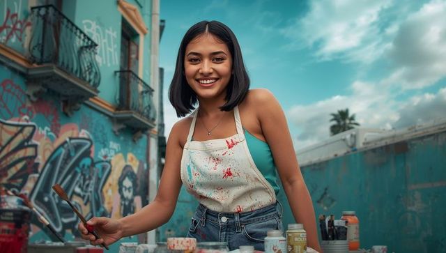 Smiling Female Artist Creating Colorful Street Art Mural