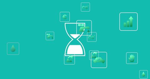 Eco-Friendly Hourglass with Sustainability Icons on Green Background