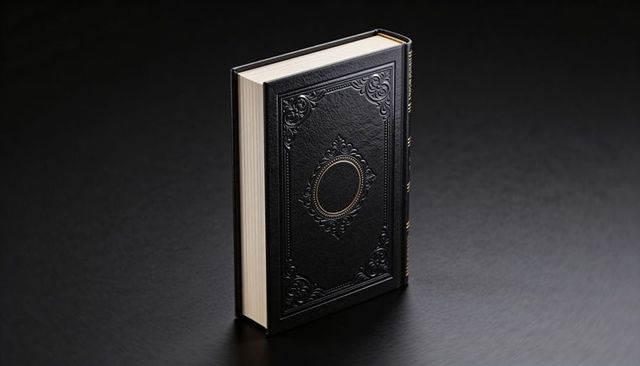 Black leather book with embossed medallion and gilt spine bands standing on dark table