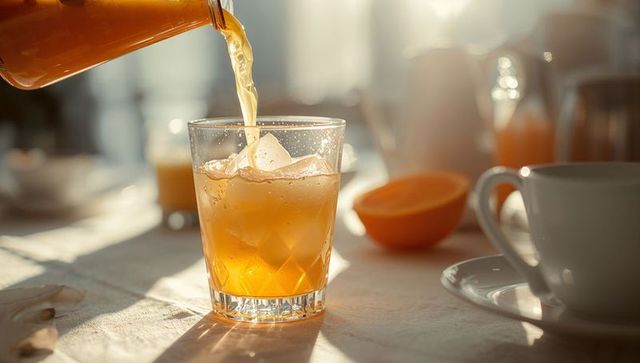 Pouring orange juice into faceted glass with ice on sunlit breakfast table, morning