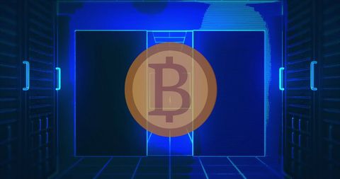 Bitcoin icon over digital data center tunnel