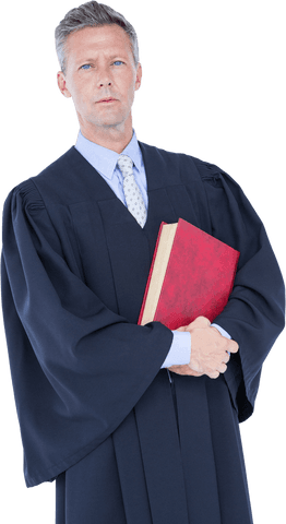 Transparent confident lawyer holding red book in robe