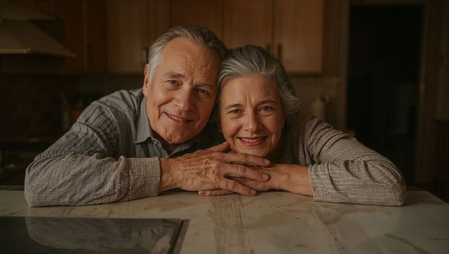 Senior couple leaning on kitchen countertop sharing warm smile and tender connection