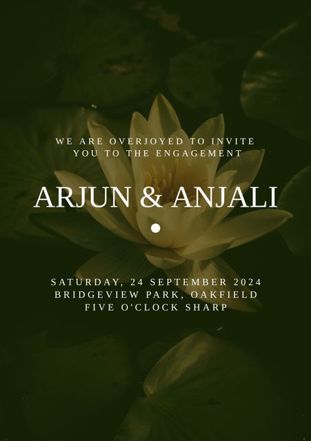 Engagement invitation featuring elegant typography with a serene lotus flower backdrop. Perfect for nature-themed celebrations. Can be used for printed or digital invites. Suitable for creating a memorable engagement announcement.
