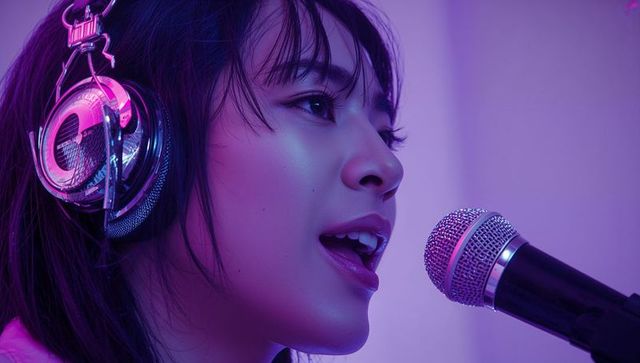 Asian singer with headphones recording vocals