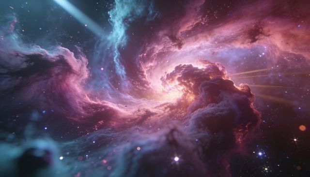 Swirling spiral nebula emitting golden-pink light with luminous core and dust lanes