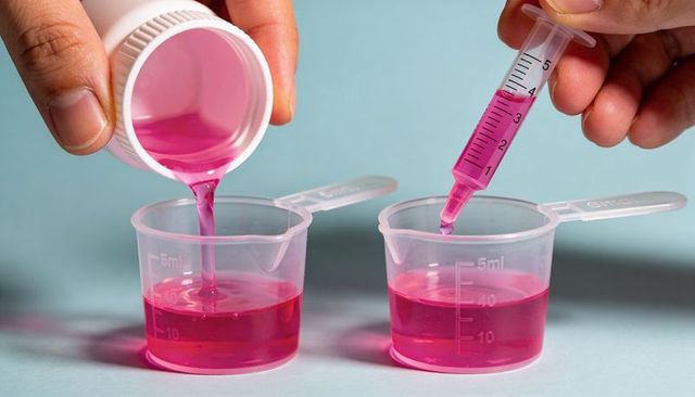 Hands pouring and measuring bright pink liquid into 5ml graduated cups using syringe