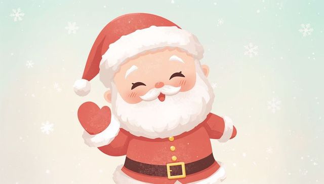 Smiling santa claus waving with heart mitten, cute festive holiday cartoon illustration