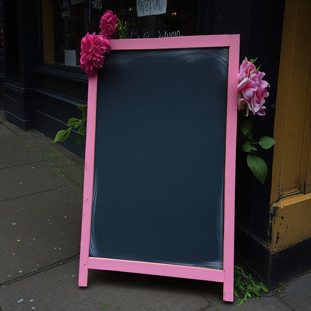 Blank chalkboard sign with pink frame against dark shop exterior, decorated with flowers. Suitable for business advertising, announcements, menu display, and event promotions. Ideal for attracting attention in urban street settings with attractive floral accents.