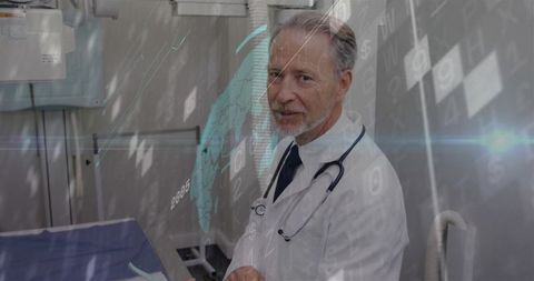 Doctor with stethoscope analyzing digital data in medical clinic