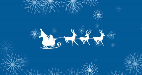 Santa Claus in Sleigh with Reindeer on Snowflake Background