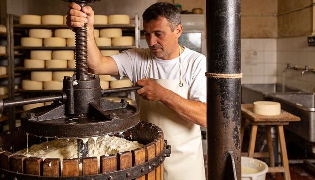 Artisan cheesemaker turning wooden screw press over curds in traditional dairy workshop