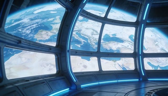 Orbital observation cupola framing earth panorama, futuristic led-lit spacecraft interior