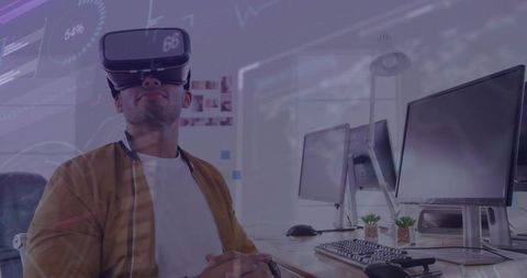 Man Testing VR Headset in Modern Office Environment