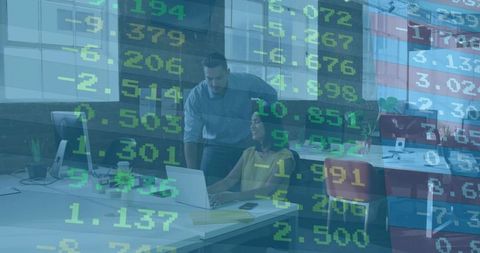 Coworker Collaborating with Colleague Overlapping with Stock Numbers Concept