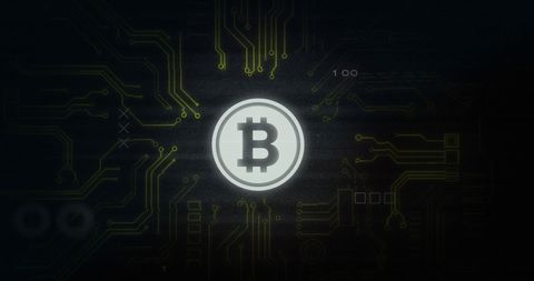 Illuminated bitcoin symbol on abstract digital circuit background