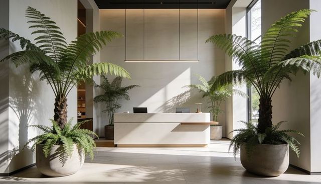 Minimalist sunlit lobby with stone reception desk, pendant lighting and large potted palms