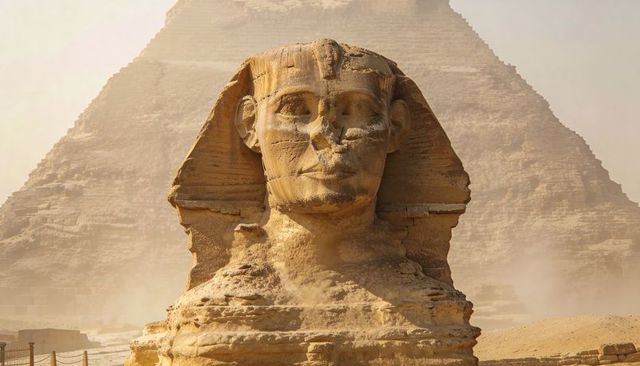 Great sphinx of giza standing before pyramid on dusty giza plateau