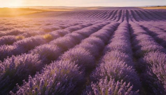 Sunrise Lavender Field Glowing in Golden Light with Endless Rows of Blooming Purple