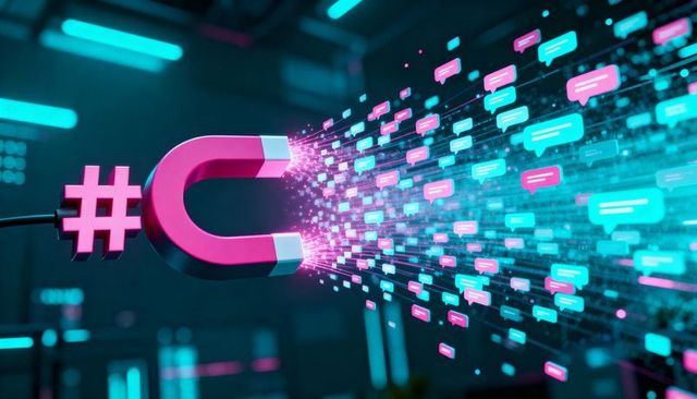 Neon hashtag magnet attracting chat bubbles and pixel data stream in cyberpunk future