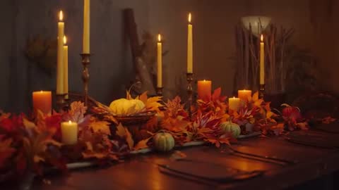 Cozy Autumn Table With Candles and Pumpkins for Seasonal Dining