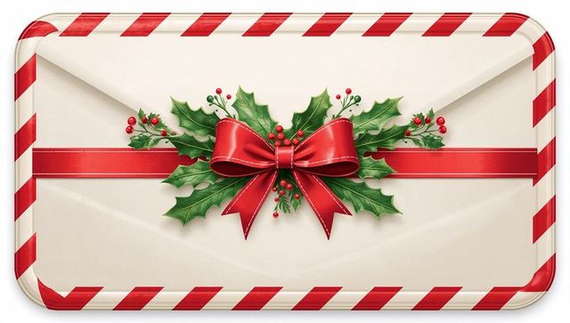 Festive ivory envelope with candy-cane border, red bow and holly for holiday greetings