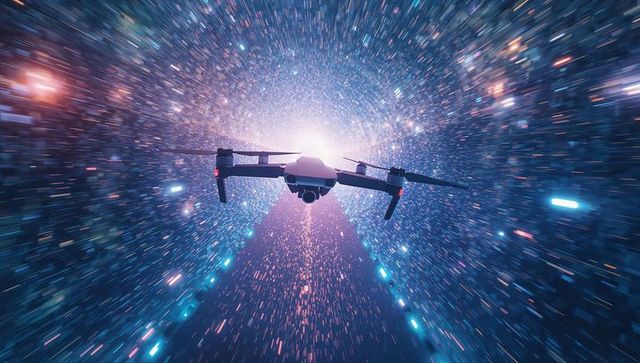 Folding quadcopter flying through neon warp tunnel toward bright light with gimbal camera