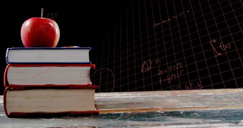 Books and Apple with Mathematical Equations Background