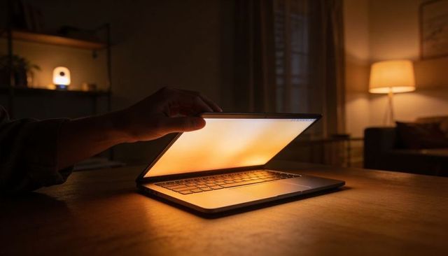 Hand lifting laptop lid at night casting warm ambient glow in cozy living room workspace