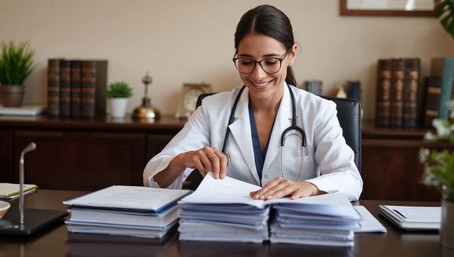 Smiling female physician reviewing medical records and organizing patient files at desk
