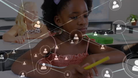 Young Student Engaging with Technology in Classroom Network Animation