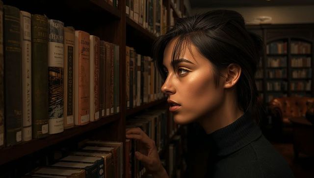Woman scanning library shelves reaching for hardcover on wooden shelf, warm light